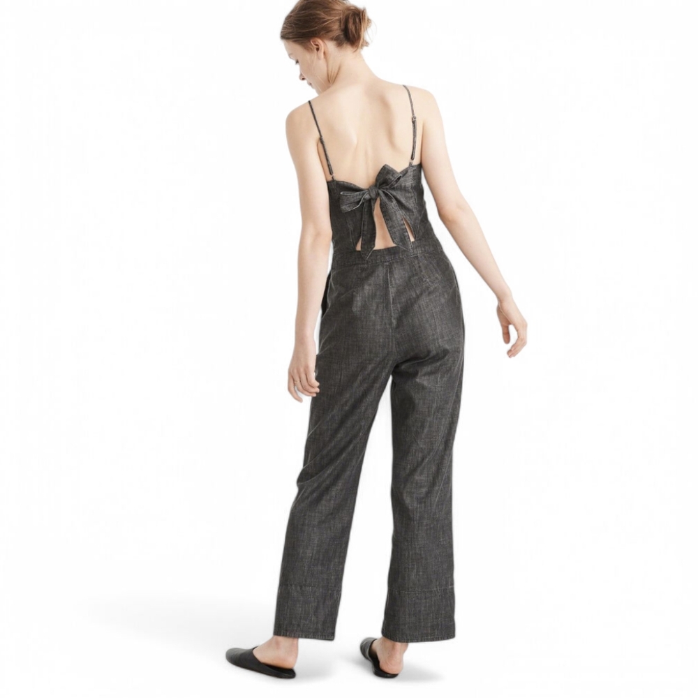 Abercrombie & Fitch Bow Back Washed Black Denim Jumpsuit Mamamia Overalls Sz 4